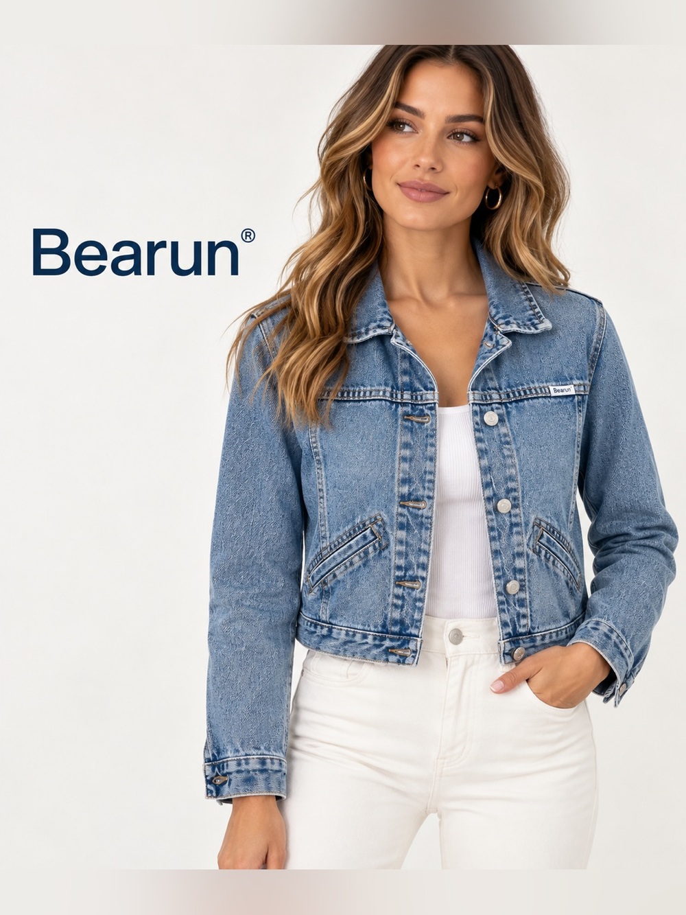 Bearun Cropped Denim Jacket Medium Wash Button-Front Size M